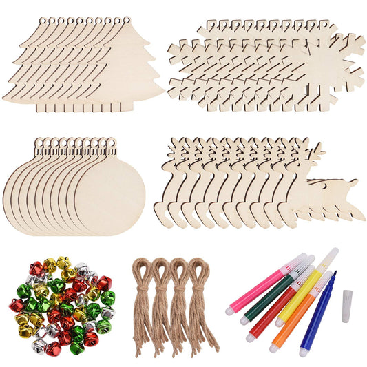 Livder 86 Pieces Unfinished Christmas Wooden Ornaments Set, 40 Pieces Natural Wood Slices, 40 Pieces Bells and 6 Color Pens for DIY Crafts Christmas Tree, Gift Decorations