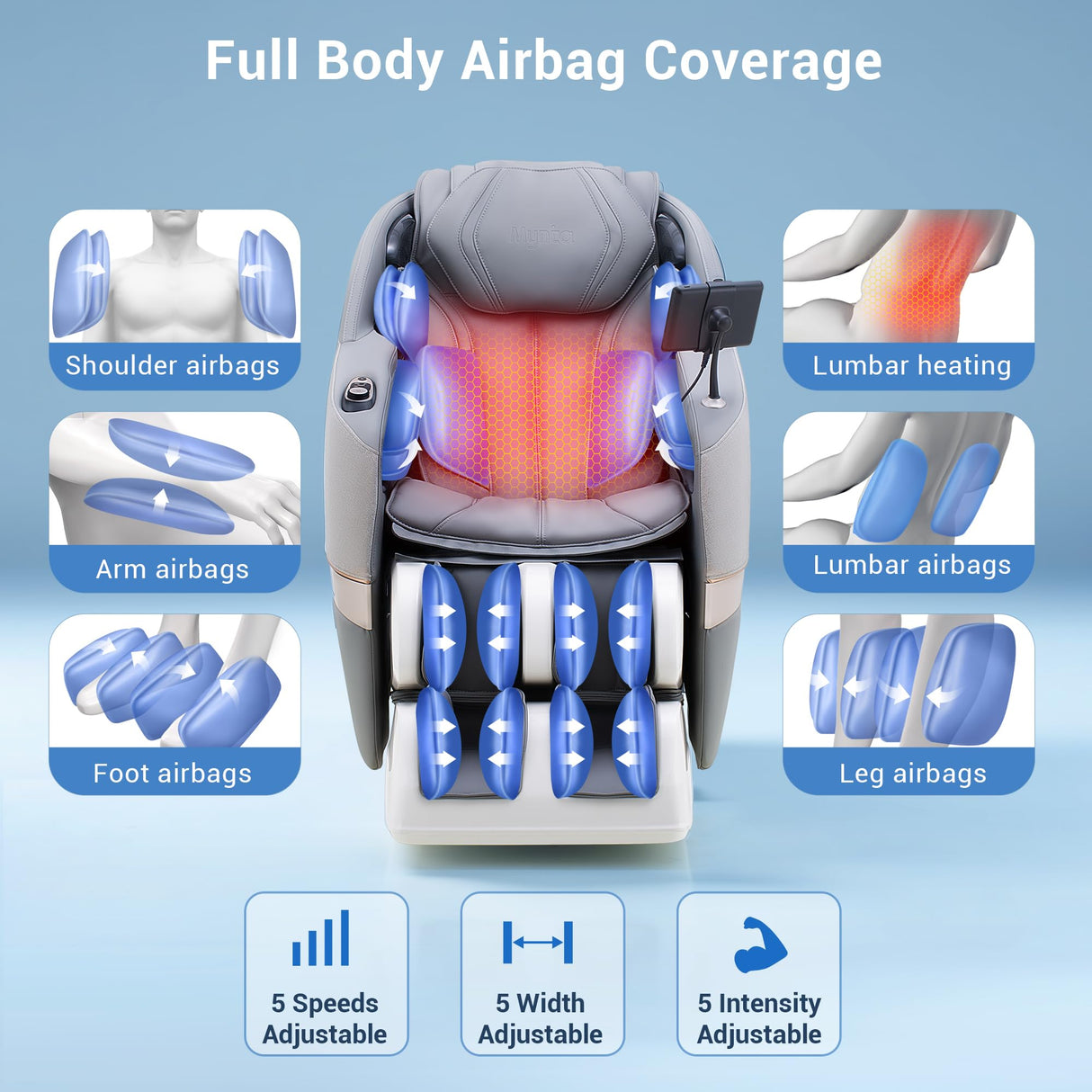 MYNTA Massage Chair Full Body, 170° Flexible SL Track Shiatsu 3D Massage Chairs with Zero Gravity, Bluetooth Speaker, Airbags & Heating, MC1650(Grey) MYNTA