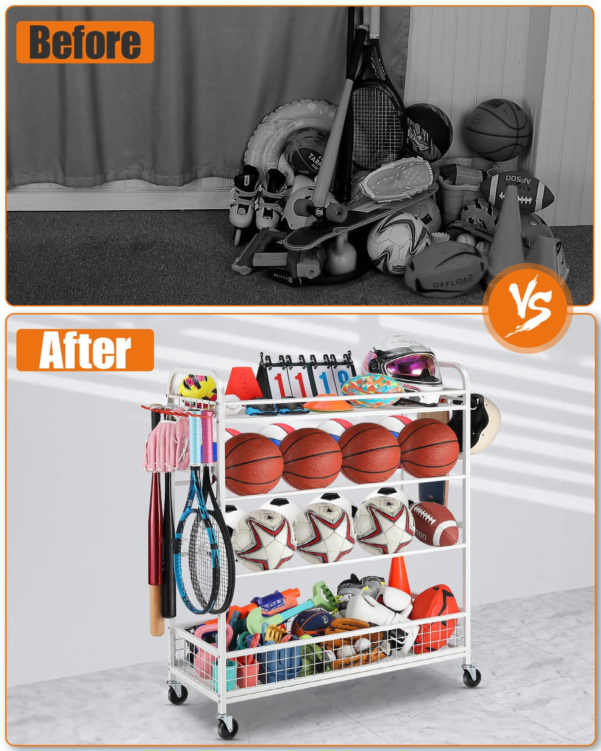 EXTCCT Garage Sports Equipment Organizer - Rolling Ball Storage Bin with Wheels, Garage Sports Gear Rack Outdoor Basketball Racks for Balls with Baseball Bat Holder and Hooks, Toy Organizer(White) EXTCCT