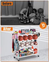 EXTCCT Garage Sports Equipment Organizer - Rolling Ball Storage Bin with Wheels, Garage Sports Gear Rack Outdoor Basketball Racks for Balls with Baseball Bat Holder and Hooks, Toy Organizer(White) EXTCCT