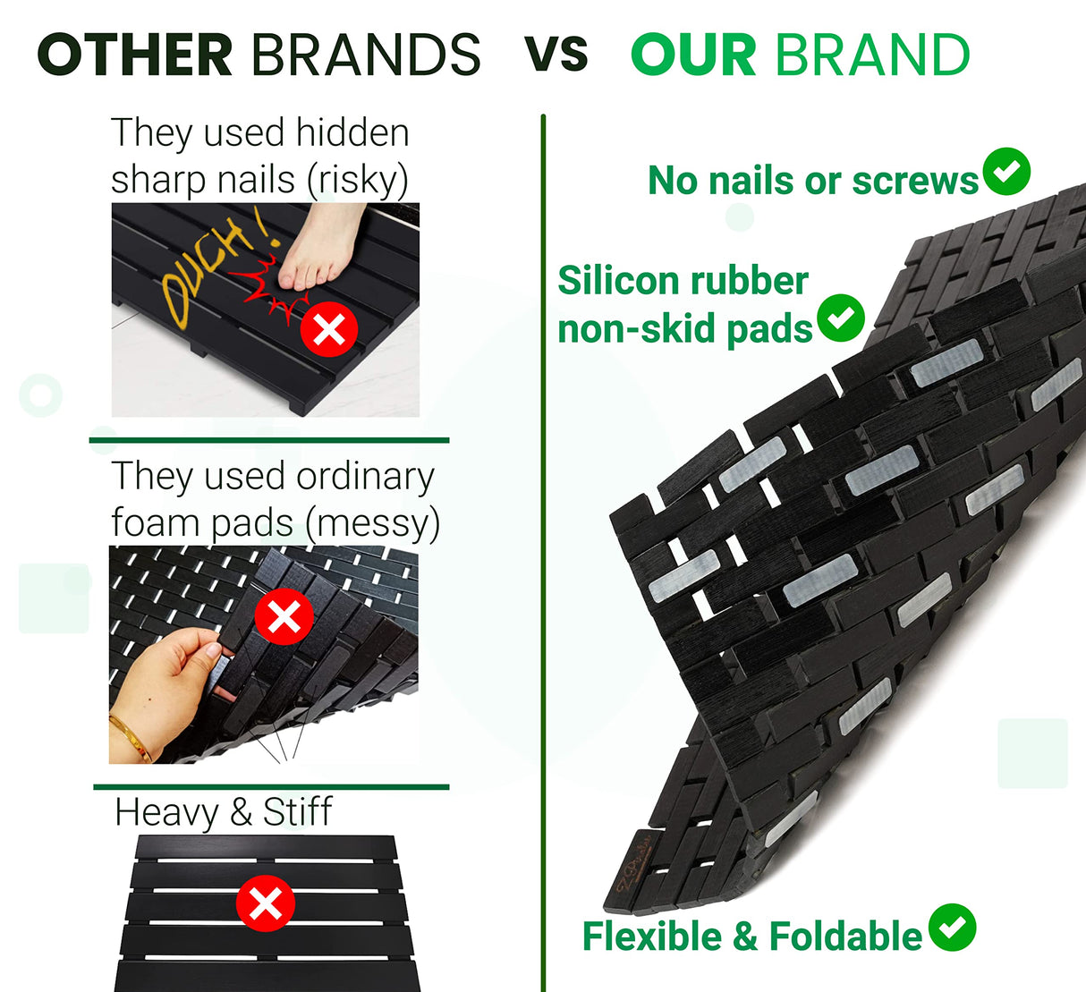 Black Bath Mat for Bathroom and Shower - 16 x 24 Inches (W x L) Bamboo Wood Rug Pad, Bathmat for Hot Tub Spa Sauna RV Camper Outdoor ZPirates