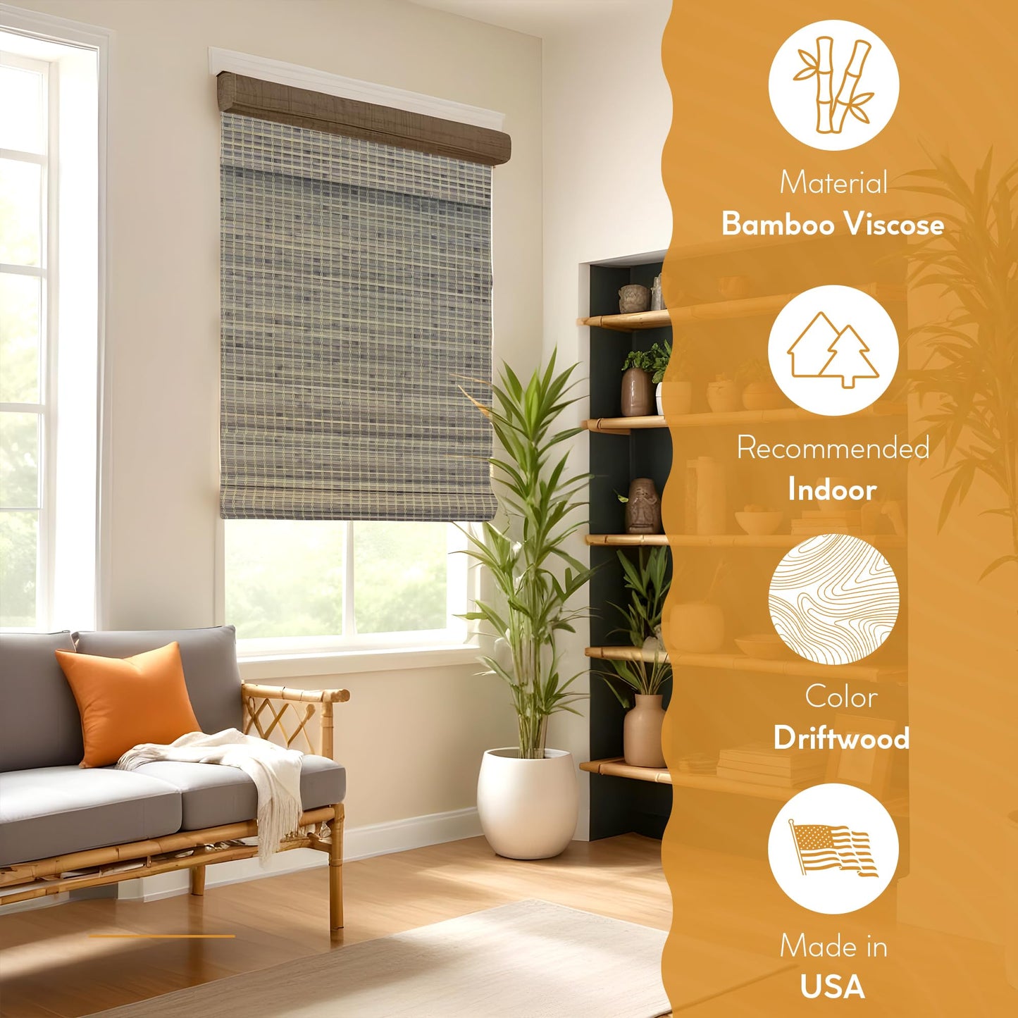 Radiance Cordless Bamboo Roman Shades for Windows - Flatweave Bamboo Blinds for Reduce Bright Light - Easy to Lift & Fold Up Window Shades - Driftwood - 35 in. W x 48 in. L - (02208870E)