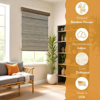 Radiance Cordless Bamboo Roman Shades for Windows - Flatweave Bamboo Blinds for Reduce Bright Light - Easy to Lift & Fold Up Window Shades - Driftwood - 35 in. W x 48 in. L - (02208870E)