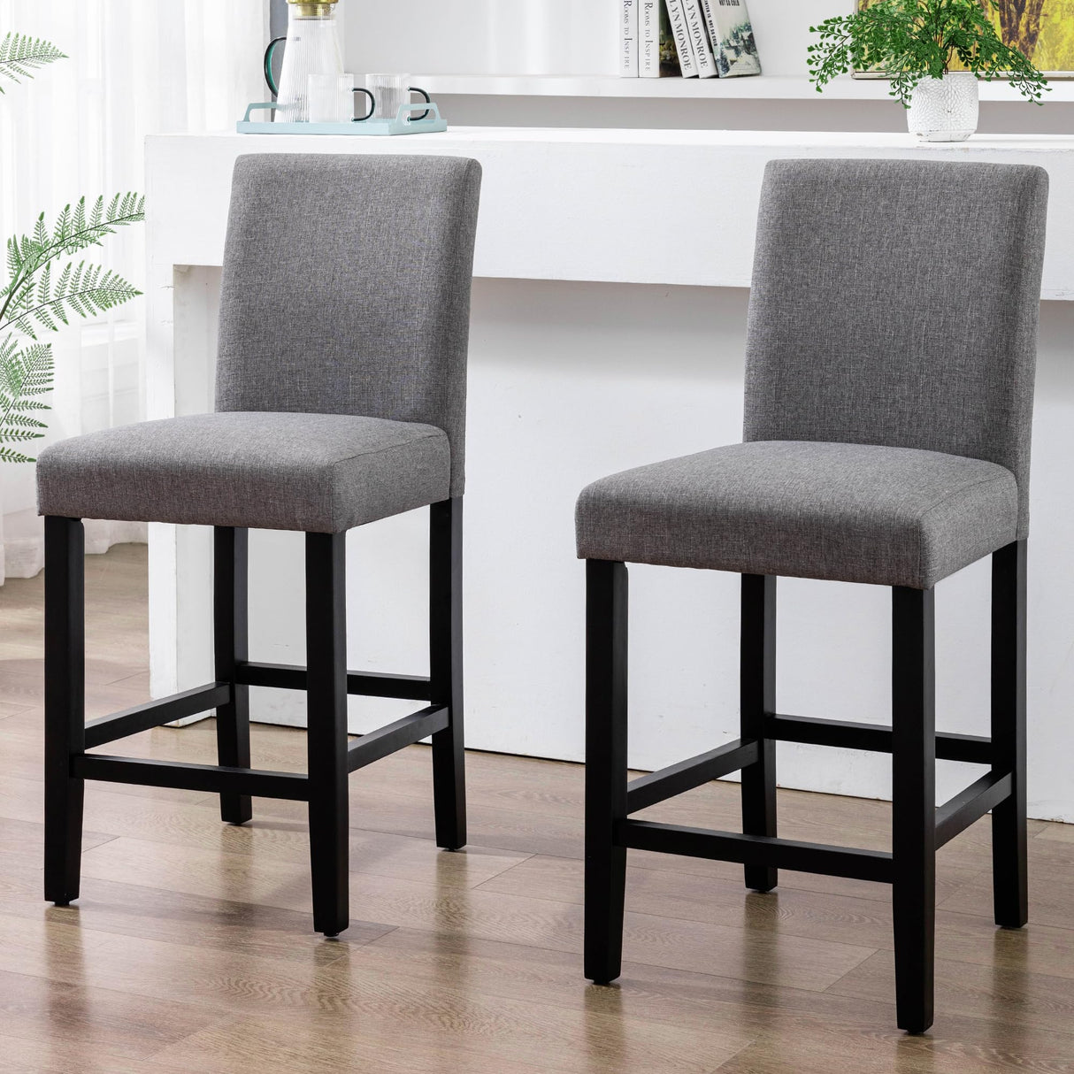 LSSPAID Bar Stools Set of 2, 24.8 Inch Upholstered Fabric Counter Height Stools, Modern Kitchen Island Wood Bar Chairs Barstools with Backrest and Solid Wood Legs, Grey LSSPAID
