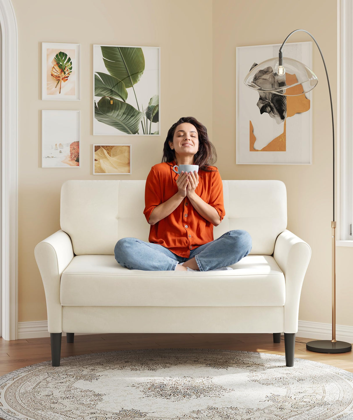 Kidirect 48" Loveseat Sofa, Small Couch for Bedroom, Comfy Love Seat with 21in Extra Deep Seats, 2 Seats Sofa Couch for Small Spaces, Apartment, Tool-Free Setup Mini Couch, Beige White Velvet Couch Kidirect