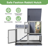 cozivvovv Wood Rabbit Hutch with Balcony - Small Animal House Bunny Cage on Wheels for Indoor Outdoor, Rabbit Cage Included Ramp, Pull Out Tray, (Grey with Pattern) COZIVVOVV