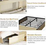 PAKASEPT Queen Bed Frame with Natural Rattan Headboard and Wooden 4 Storage Drawers, Metal Platform Boho Bed Frame, Built in Charging Station & LED, Noise-Free/Metal Support/No Box Spring Needed PAKASEPT