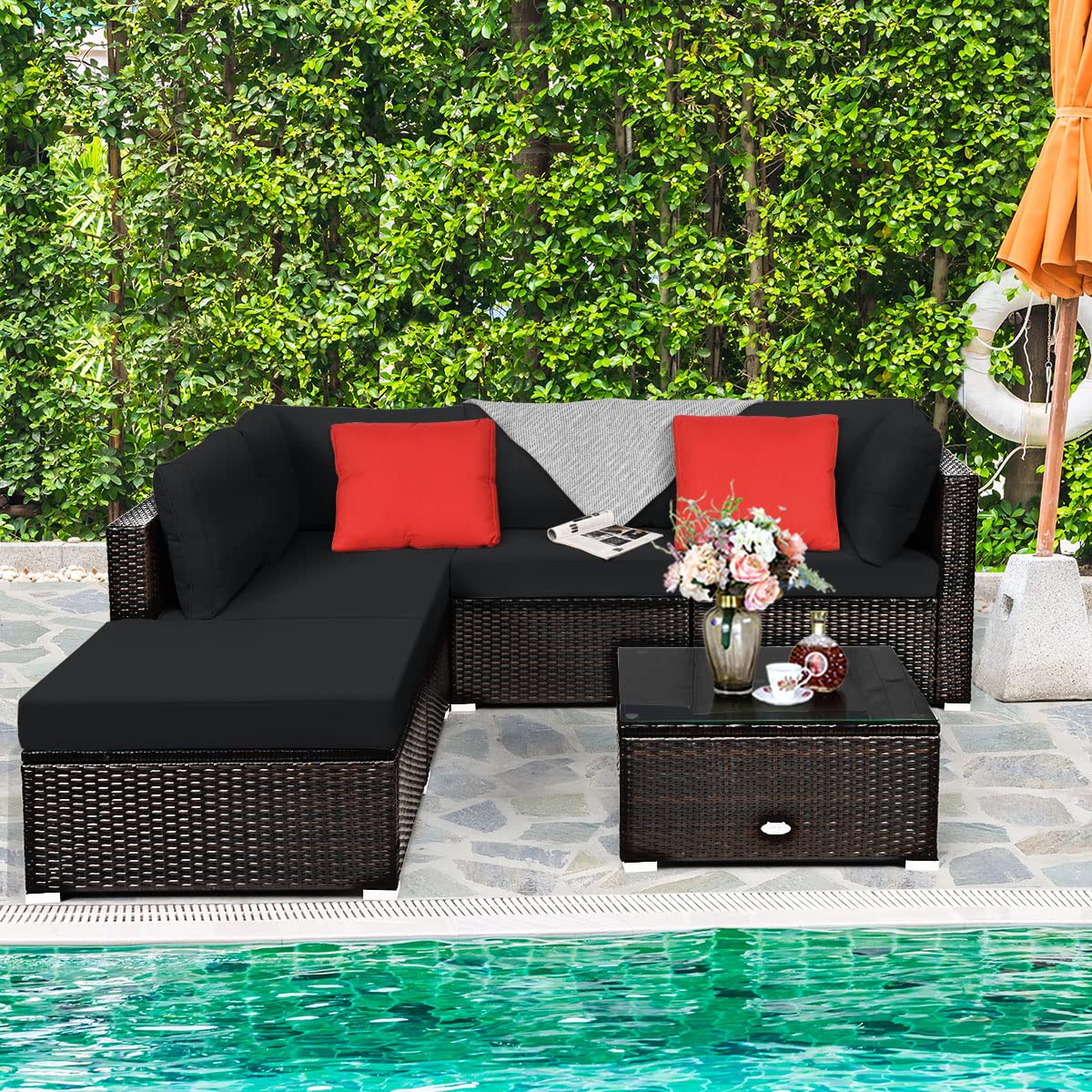 Tangkula 6 Piece Patio Furniture Set, Outdoor Deck Lawn Backyard Durable Steel Frame PE Rattan Wicker Sectional Sofa Set, Conversation Set with Coffee Table (Black) Tangkula