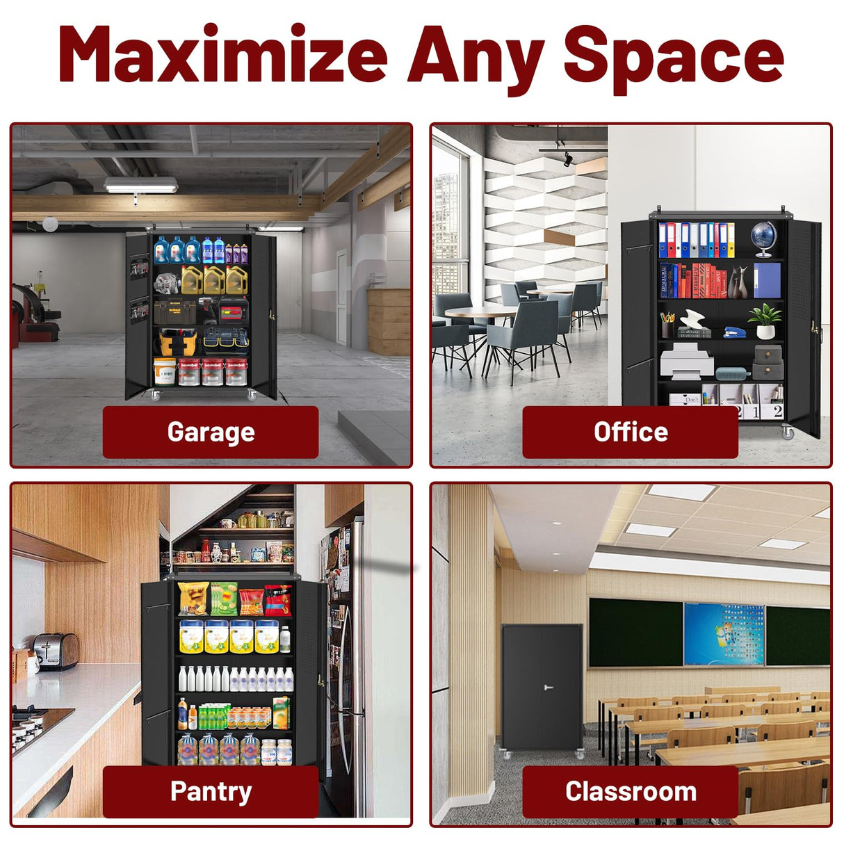 Reykilor Tall & Wide Metal Garage Storage Cabinet with 4 Adjustable Shelves, 43''W x 22''D x 72''H with Wheels & Pegboards, Heavy Duty Lockable Garage Cabinet for Warehouse, Basement, Office, Gym Reykilor