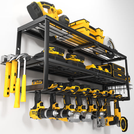 YYR Heavy Duty Power Tool Organizer Wall Mount, Cordless Drill Hanger Storage Rack, Battery Tools Holder with Charging Station Shelf for Garage Organization, Workshop, Pegboard, Shed - 32 Inch 8 Slots YYR