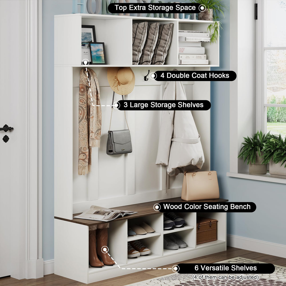 Apeaka Hall Tree with Bench and Storage, Farmhouse 75" H Tall Hall Tree Wood Entryway Shoe Bench with Coat Rack and Storage Shelves for Mudroom, White Apeaka