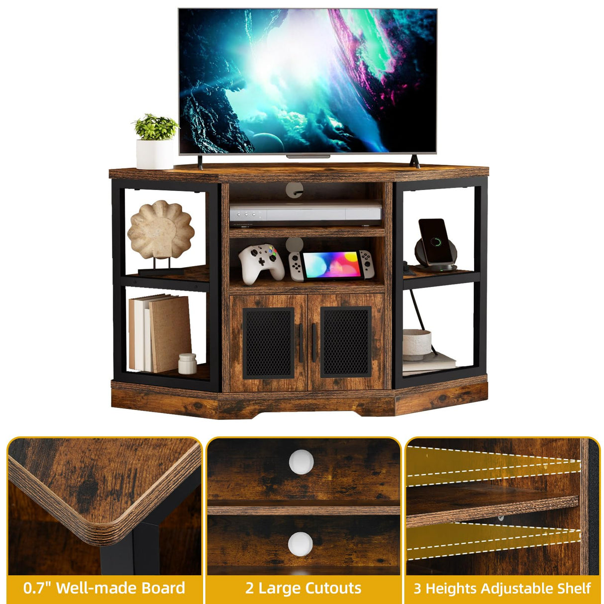 DWVO Farmhouse Corner TV Stand for Living Room, TV Stand for 55 Inch TV, Entertainment Center with Storage and Power Outlet, TV Console Cabinet, Rustic Brown DWVO