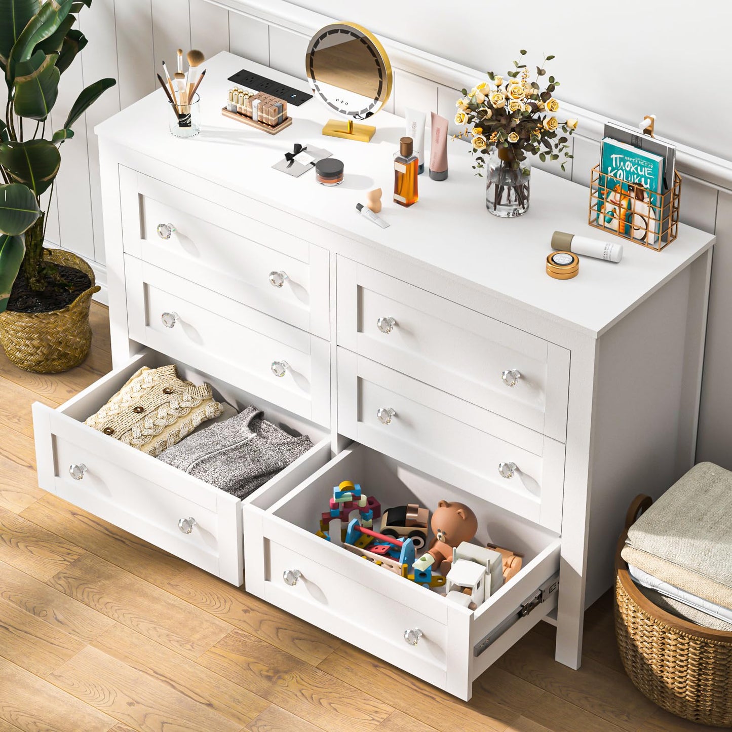 HAIOOU 6 Drawer Double Dresser, White Modern Chest of Drawers with Deep Drawers, Charging Station and Crystal/Black Handles, Wooden Drawer Storage Organizer Cabinet for Bedroom, Living Room - WoodArtSupply