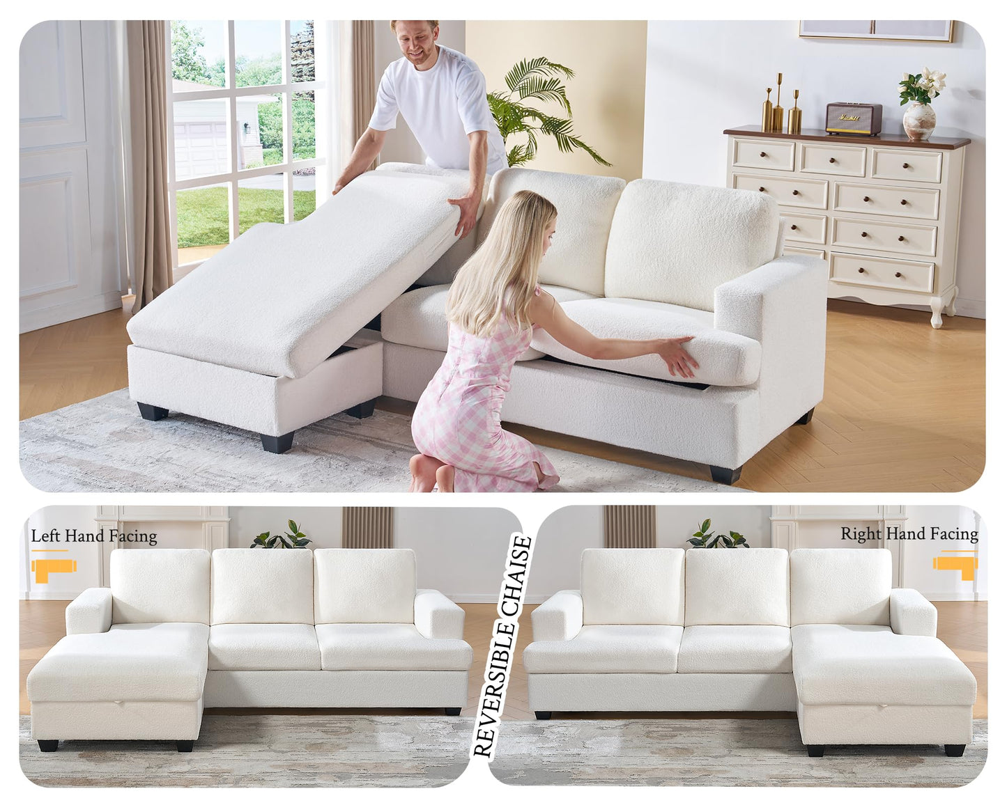 VanAcc 89 Inch Reversible L Shape Sofa, Convertible Sofa with Storage, L Shape Couch with Chaise, Comfy Couches for Living Room, White Bouclé