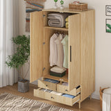 Mxtxmy Armoire Wardrobe Closet with 2 Fluted Doors,64.96" Wooden Clothes Storage Cabinet with Hanging Rod and Shelf Storage (Natural) (Natural) Mxtxmy