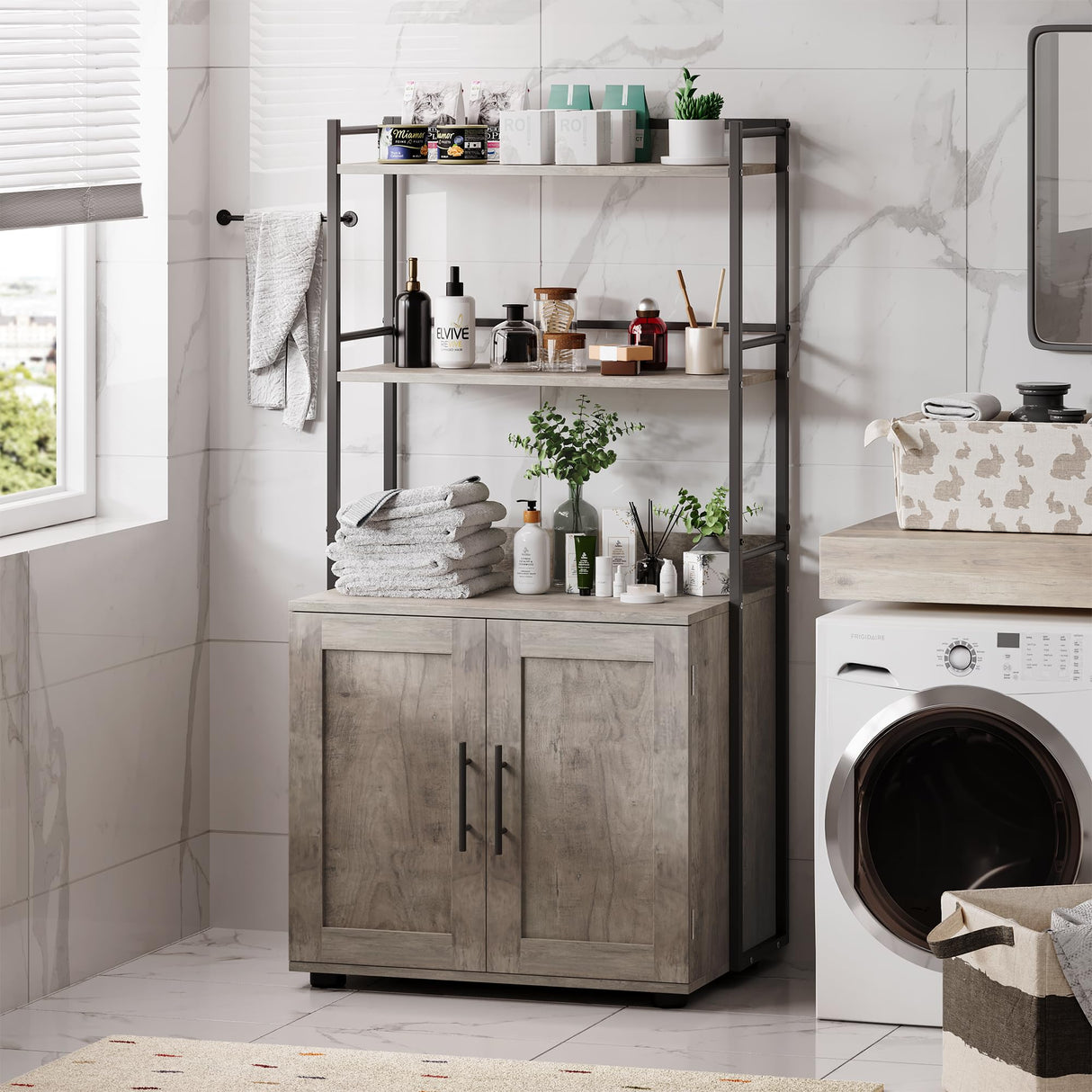 STMHOM Cat Litter Box Enclosure with Shelf Storage, 2-in-1 Hidden Cat Washroom Furniture, Indoor Cat Cabinet, Hidden Cat Box Enclosure with 3 Shelves and Door, Cat House for Most Litter Box,Grey STMHOM