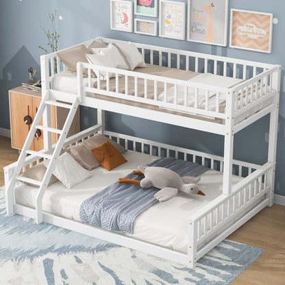 Merax Twin XL Over Queen Floor Bunk Bed, Kids White Wood Bunk Bed Frame with Ladder & Guardrails, Space Saving Teens Youths Beds for Bedroom, Guest Room, Noise Free, No Box Spring Needed, White