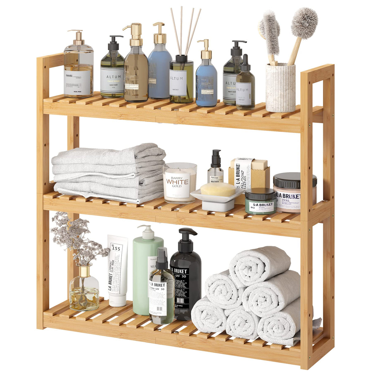 FILWH Bamboo Organizer Rack - Adjustable 3-Tier Storage Shelf, Wall Mounted or Over The Toilet, Living Room, Kitchen (Natural) FILWH