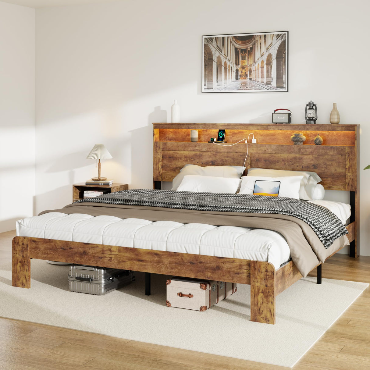PAUKIN King Size Wooden Bed Frame with Headboard, Rustic Farmhouse Wooden Bedframe with LED Lights and Charging Station, Easy Assembly, No Box Spring Needed (Rustic Brown, King) PAUKIN