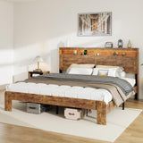 PAUKIN King Size Wooden Bed Frame with Headboard, Rustic Farmhouse Wooden Bedframe with LED Lights and Charging Station, Easy Assembly, No Box Spring Needed (Rustic Brown, King) PAUKIN