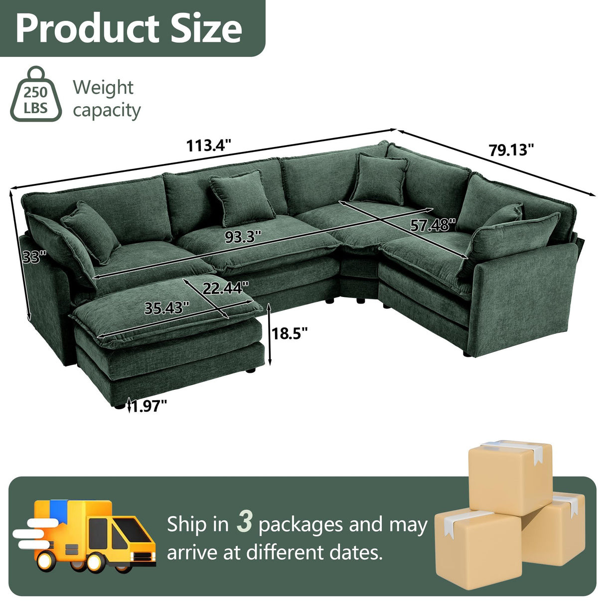 GNIXUU Oversized Modular sectional Sofa, Chenille Large Cloud Sectional Couches for Living Room, Convertible 5 Seater L Shaped Couch with Ottoman for Living Room, Green GNIXUU