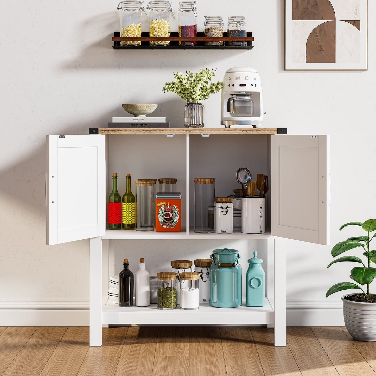 Mufico Farmhouse Console Table with Storage Cabinets – Versatile Entryway and Coffee Bar Table in White - WoodArtSupply