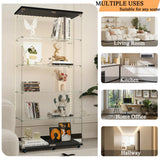 lunhung 5-Shelf Glass Display Cabinet with LED Lights & Lock, 76" H Tempered Glass Wine Cabinet w/ 2 Doors& Wheels, Floor Standing Bookshelf Curio Case for Living Room,Hallway (Black) lunhung