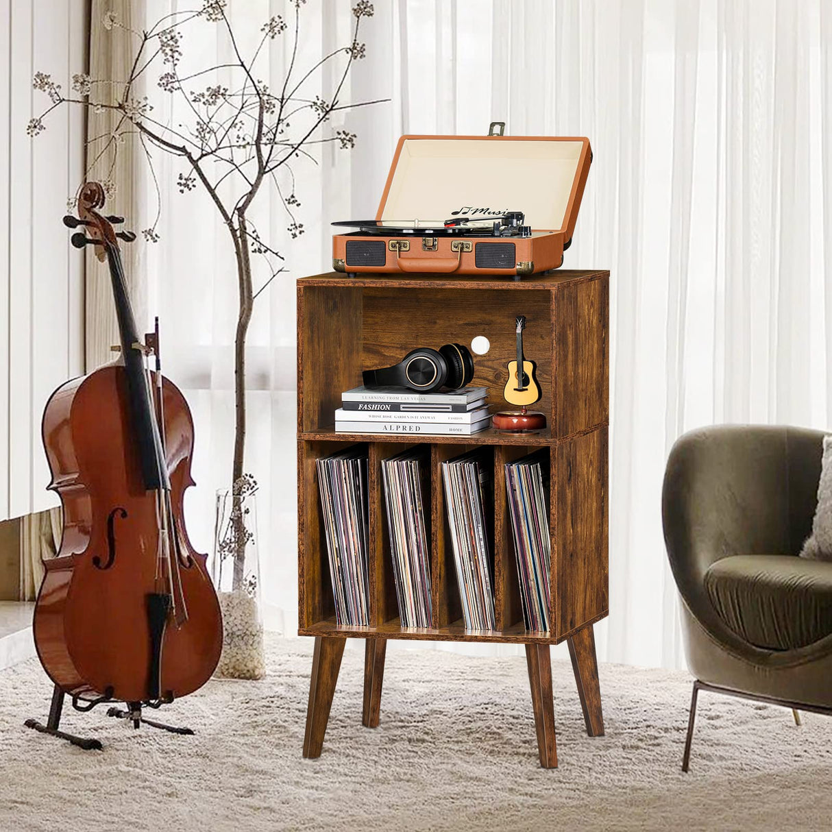 Lerliuo Record Player Stand, Brown Turntable Stand Holds up to 160 Albums, Mid-Century Vinyl Storage Cabinet Table with Solid Wood Legs, Record Player Holder Dispaly Shelf for Bedroom Living Room Lerliuo
