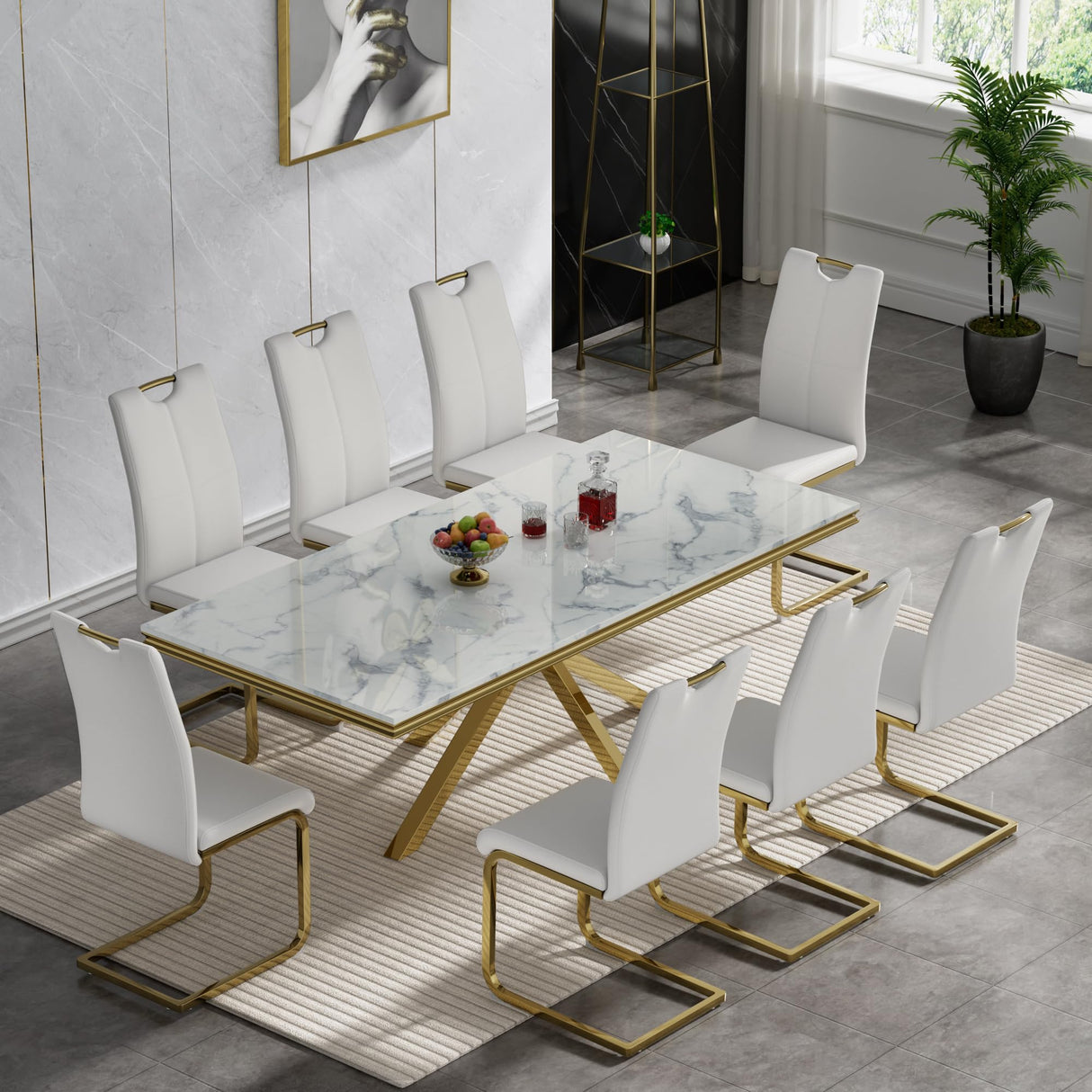 9 Piece Dining Table Set with 8 PU Leather Dining Chairs,70in Faux White Marble Dining Table Set with Stainless Steel Legs,Luxury Gold Dining Room Table Set for 8, Kitchen Table and Chair Set for 8 Henf
