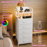 Fixwal Tall Dresser with 5 Drawers for Bedroom, 40 Inch LED Tall Nightstand with Charging Station, Night Stand White Dresser with PU Finish, Bedside Table for Dorm Fixwal