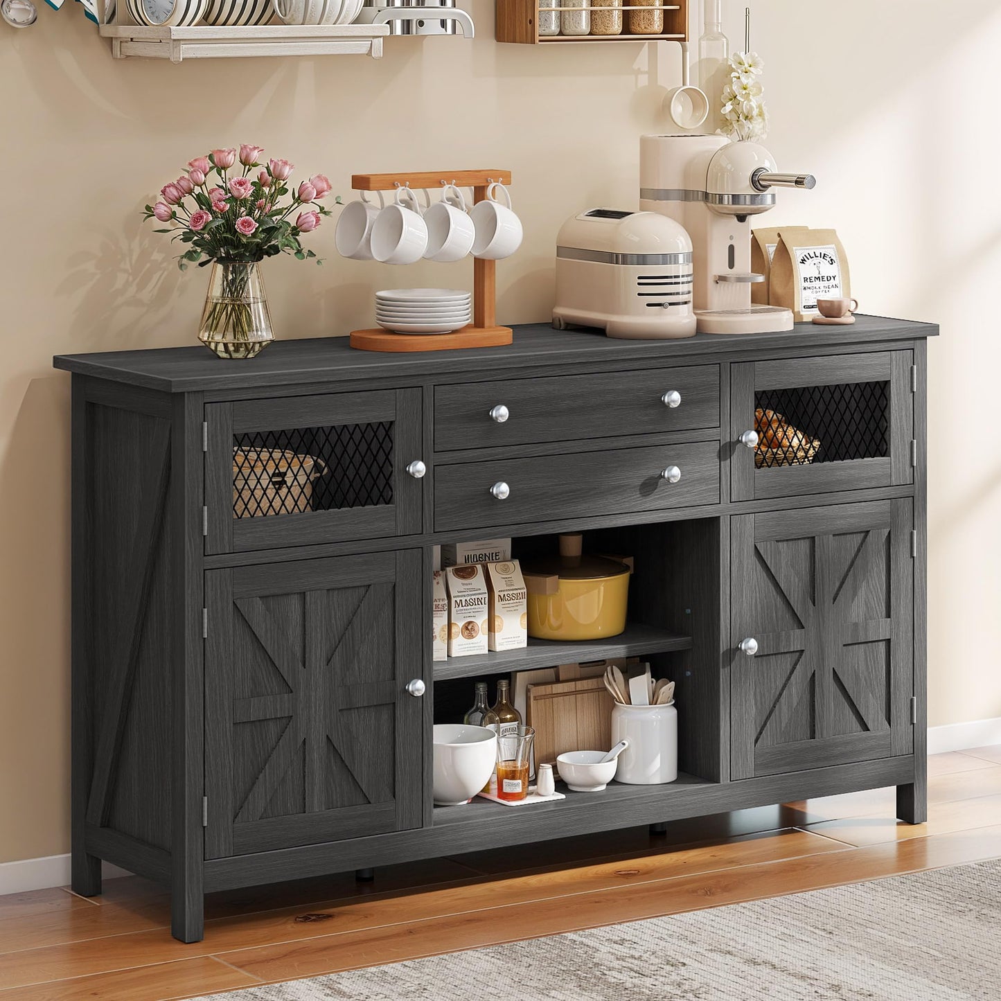 YITAHOME 59" Sideboard Cabinet, Farmhouse Buffet Cabinet with Storage, Kitchen Cabinet with 2 Large Drawers & Visual Grid Door, Coffee Bar Cabinet with Barn Door for Living Room, Dark Grey