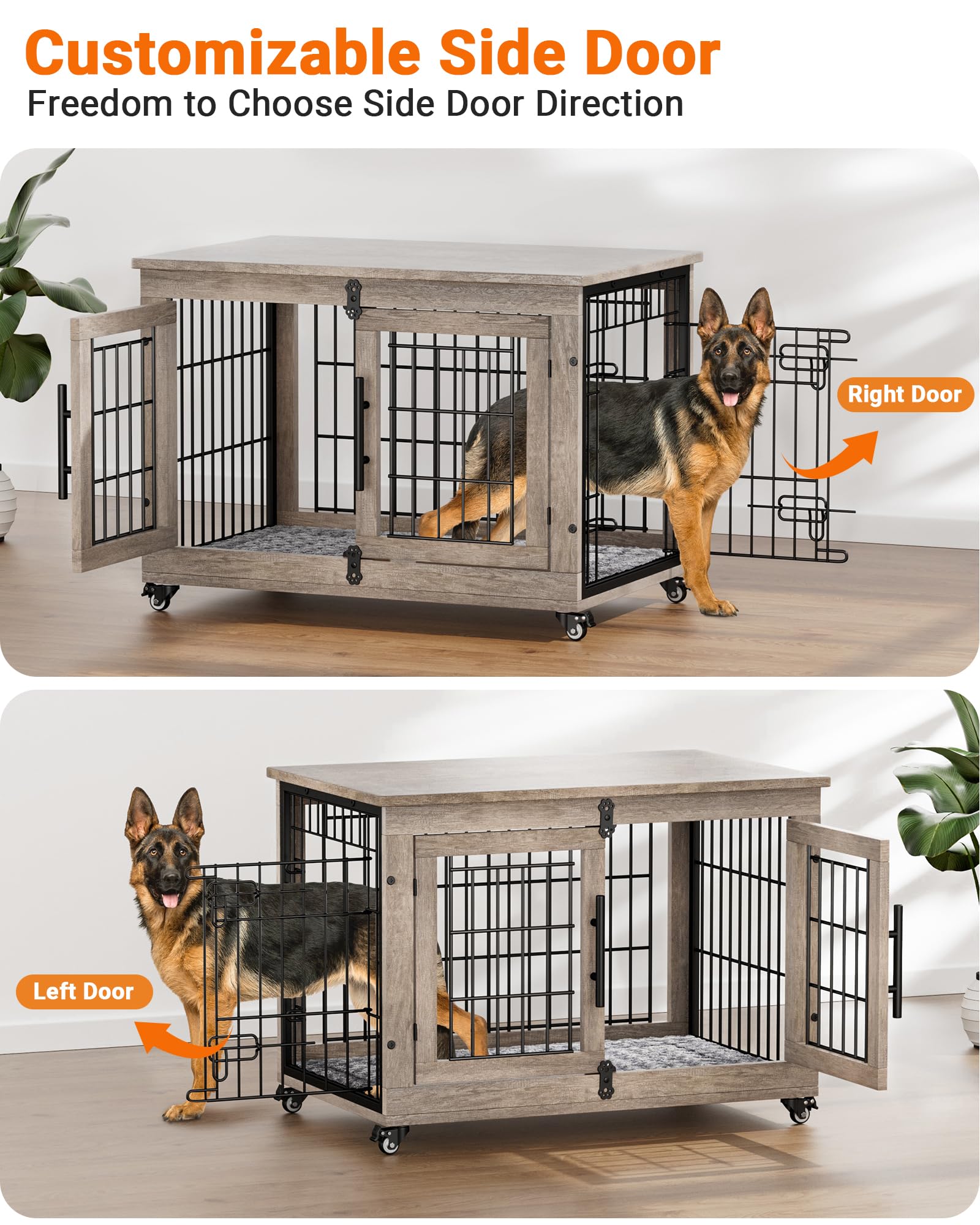 YaFiti Dog Crate Furniture with Cushion, Wooden Dog Kennel with Double Doors, Heavy Duty Dog Cage End Table with Wheels, Dog House Indoor for Small Medium Dogs up to 45 lb, 32.5” L, Grey - WoodArtSupply