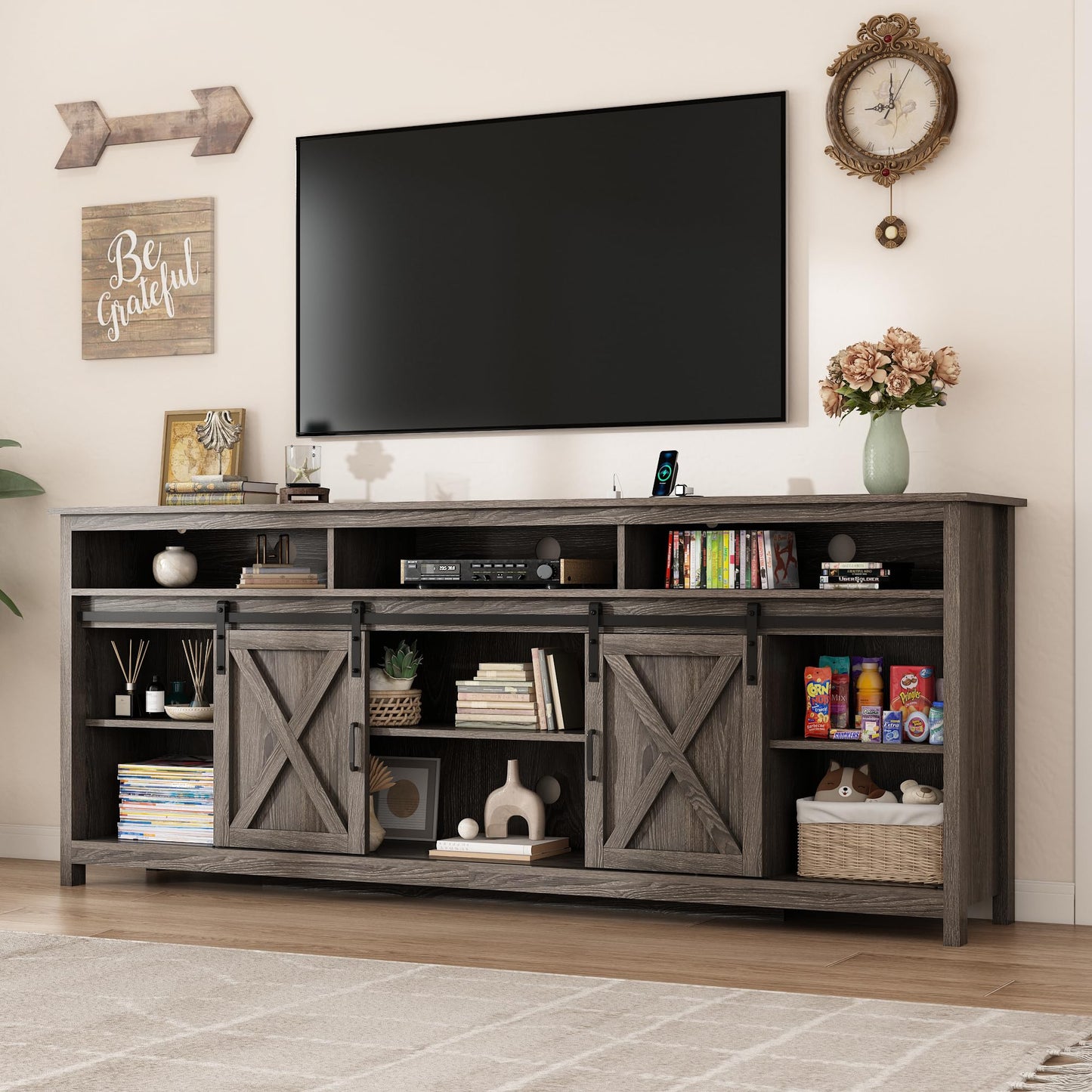 80" LED Farmhouse TV Stand for 90/85/80 Inch TVs,Tall Entertainment Center Storage Cabinets w/Power Outlets and Sliding Barn Door,Rustic TV Stands for Living Room,Media Console Cabinet (Charcoal)