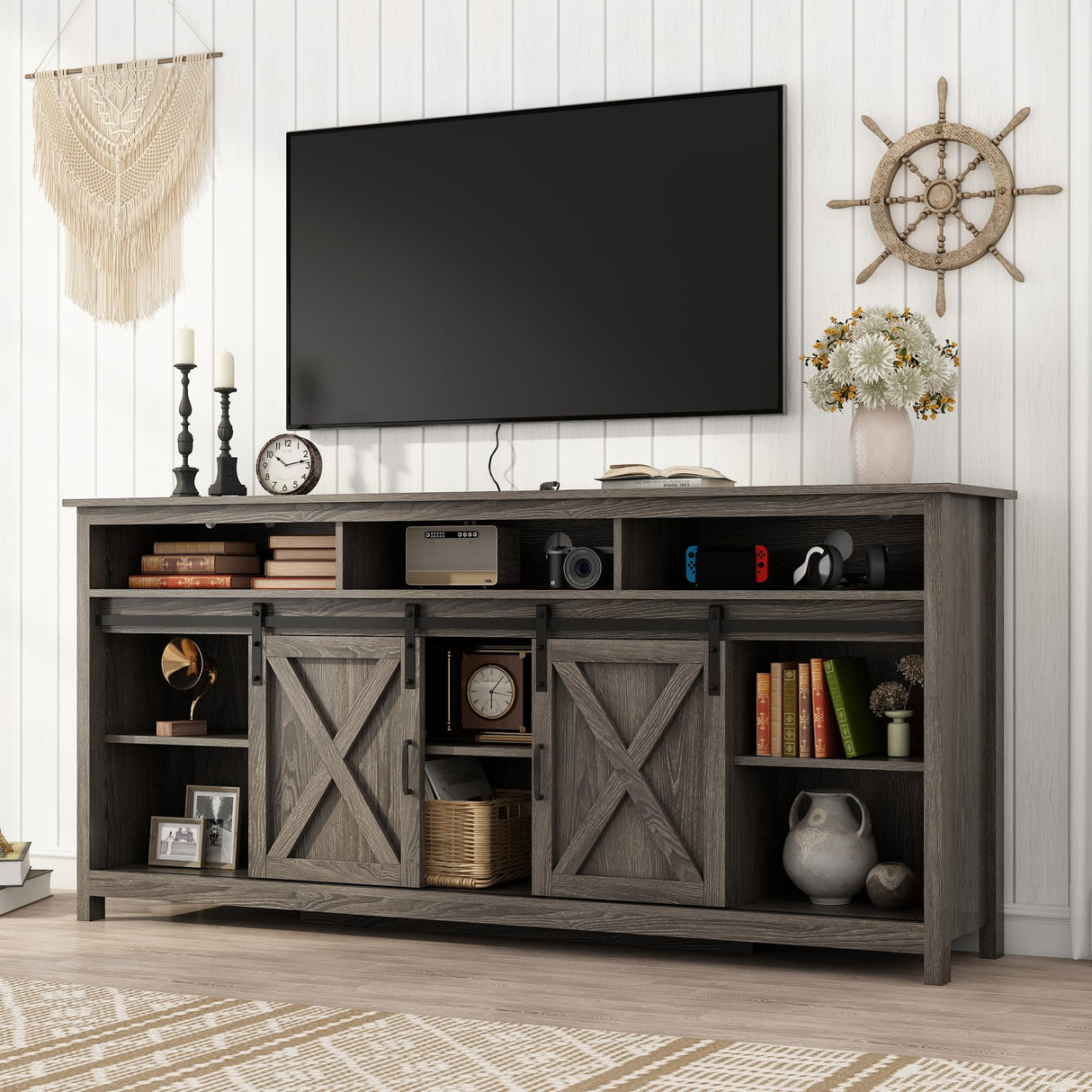 Vinctik 6&Fox 70in Wooden Farmhouse Entertainment Center for 80/75 inch TV,Double Layer Storage Farmhouse TV Stand,Double-Row Sockets with Wood Sliding Barn Door TV Stand(Double Layer Grey Wash) Vinctik 6&Fox