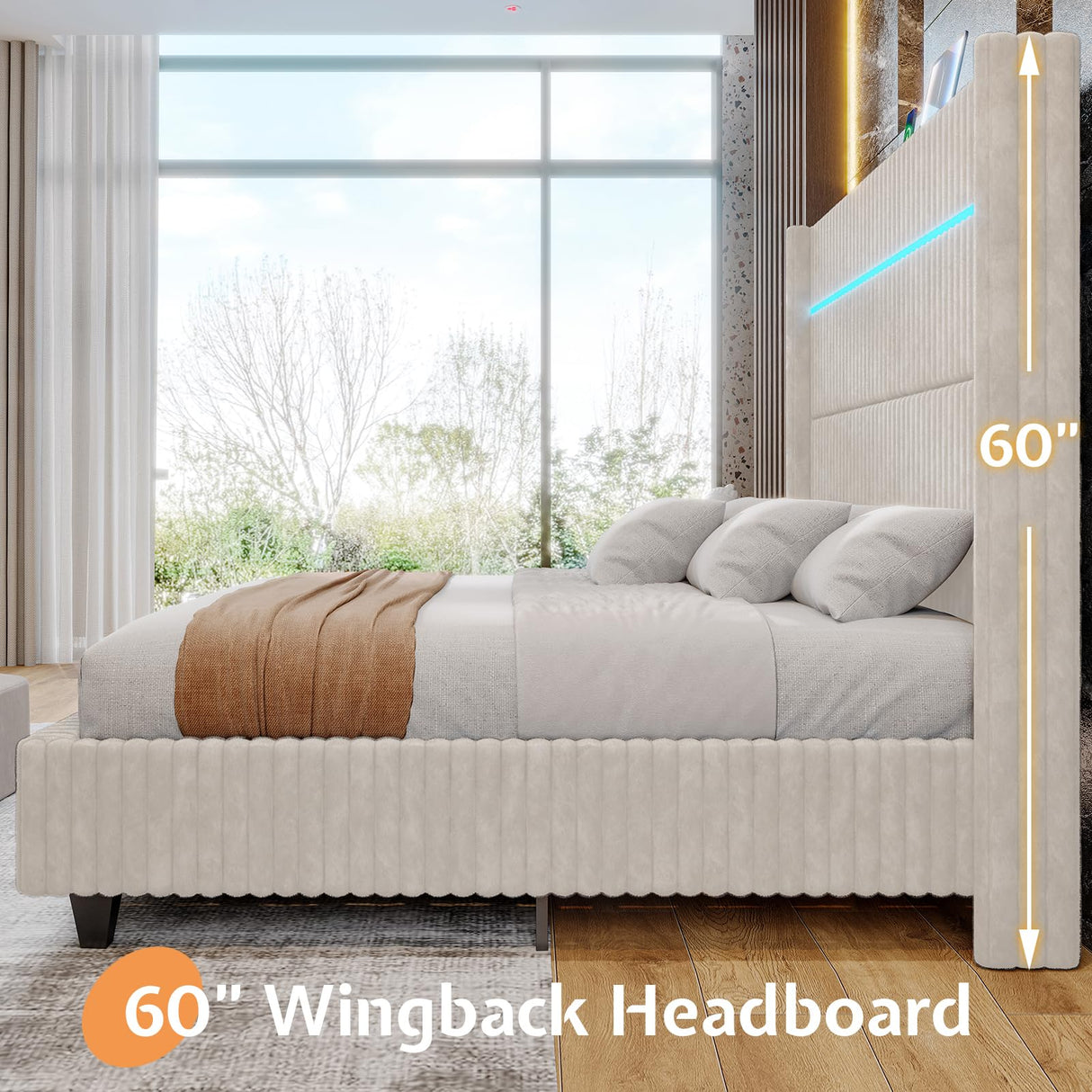 Jocisland 60" Tall King Bed Frame with LED Lights, Corduroy Upholstered Platform Bed Frame with Wingback Headboard and Charging Station/No Box Spring Needed/White Jocisland