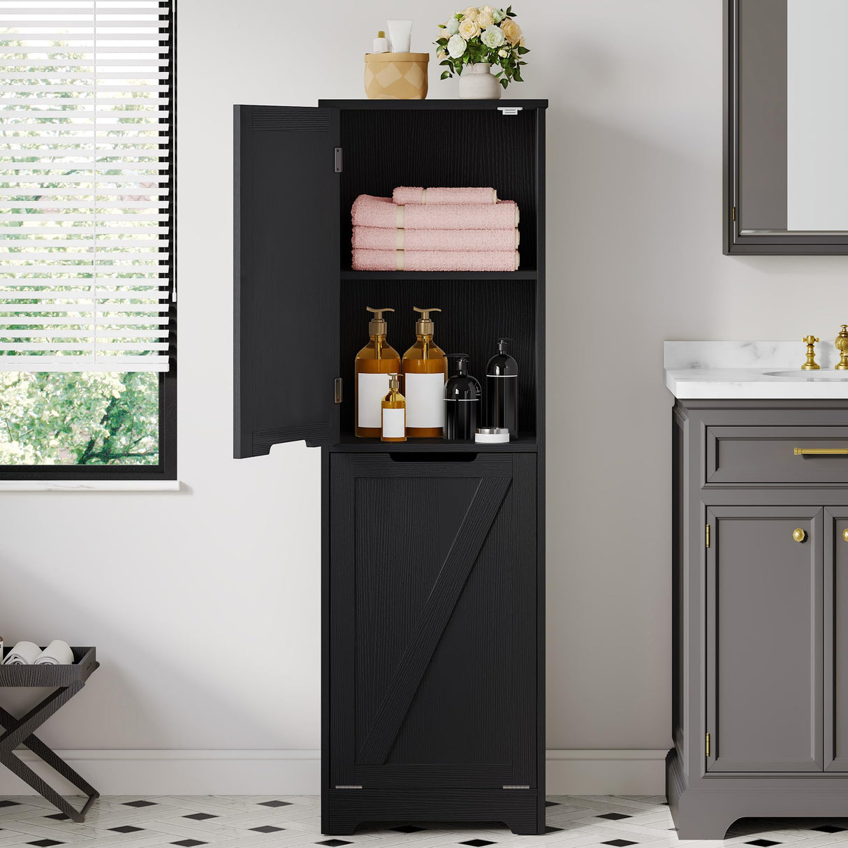 DWVO Tilt Out Laundry Hamper - 53" Tall Bathroom Storage Cabinet Laundry Cabinet with Adjustable Shelves and Clothes Basket, Laundry Hamper Shelf for Laundry Room Bathroom Organizer, Black DWVO