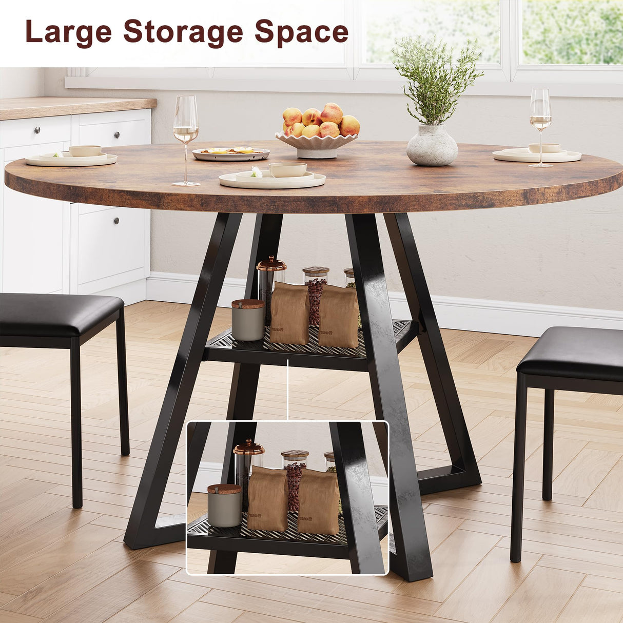 Round Dining Table for 4, Kitchen Table, Dining Table, Circle Table, Round Pedestal Dining Table, Dining Room Table, Dinner Table,Space Saving Wood Kitchen & Dining Room Tables, 47In, Rustic Brown Jocoevol