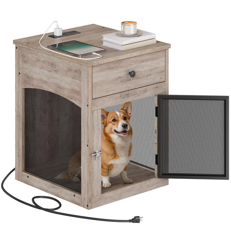 HOOBRO Dog Crate Furniture, Dog Kennel with Drawer and Charging Station, Indoor Decorative Puppy House, Wooden Pet Crate End Table for Small Dogs, Greige and Black BG58UGW03G1 HOOBRO