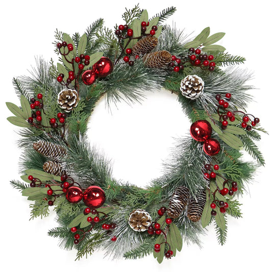 TOCHGREEN 24 Inch Artificial Christmas Wreath for front door Decorated with Pine Cones,Ball Ornaments,Frosted Branches,Evergreen Leaf,Christmas Home Decor,Xmas Christmas Decorations Indoor Outdoor