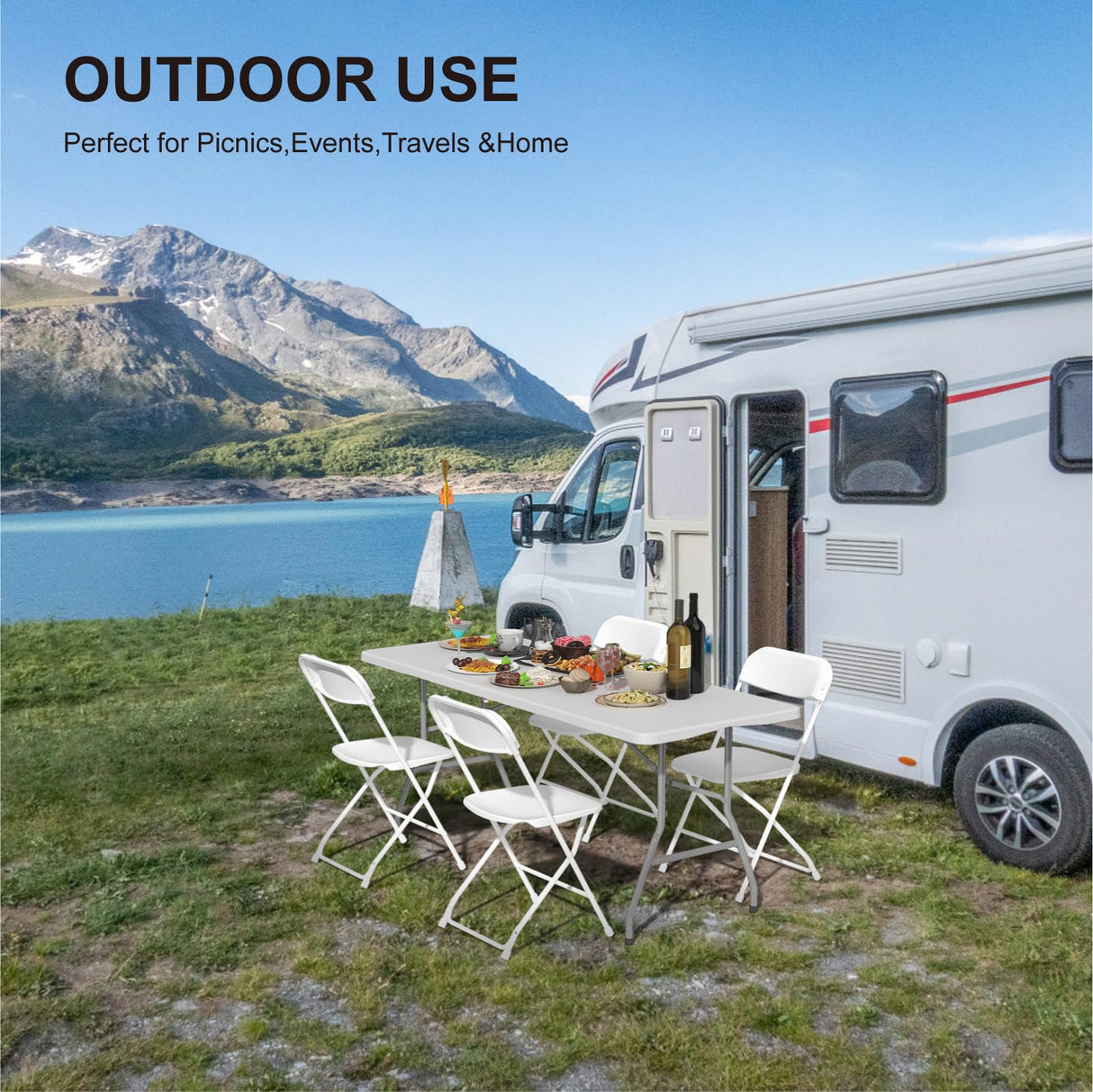 IWDOO Foldable Table 6ft, Plastic Folding Table, Portable Heavy Duty Dining Table with Lock Function & Carrying Handle, Outdoor Indoor Foldable White Table for Camping Party Picnic IWDOO