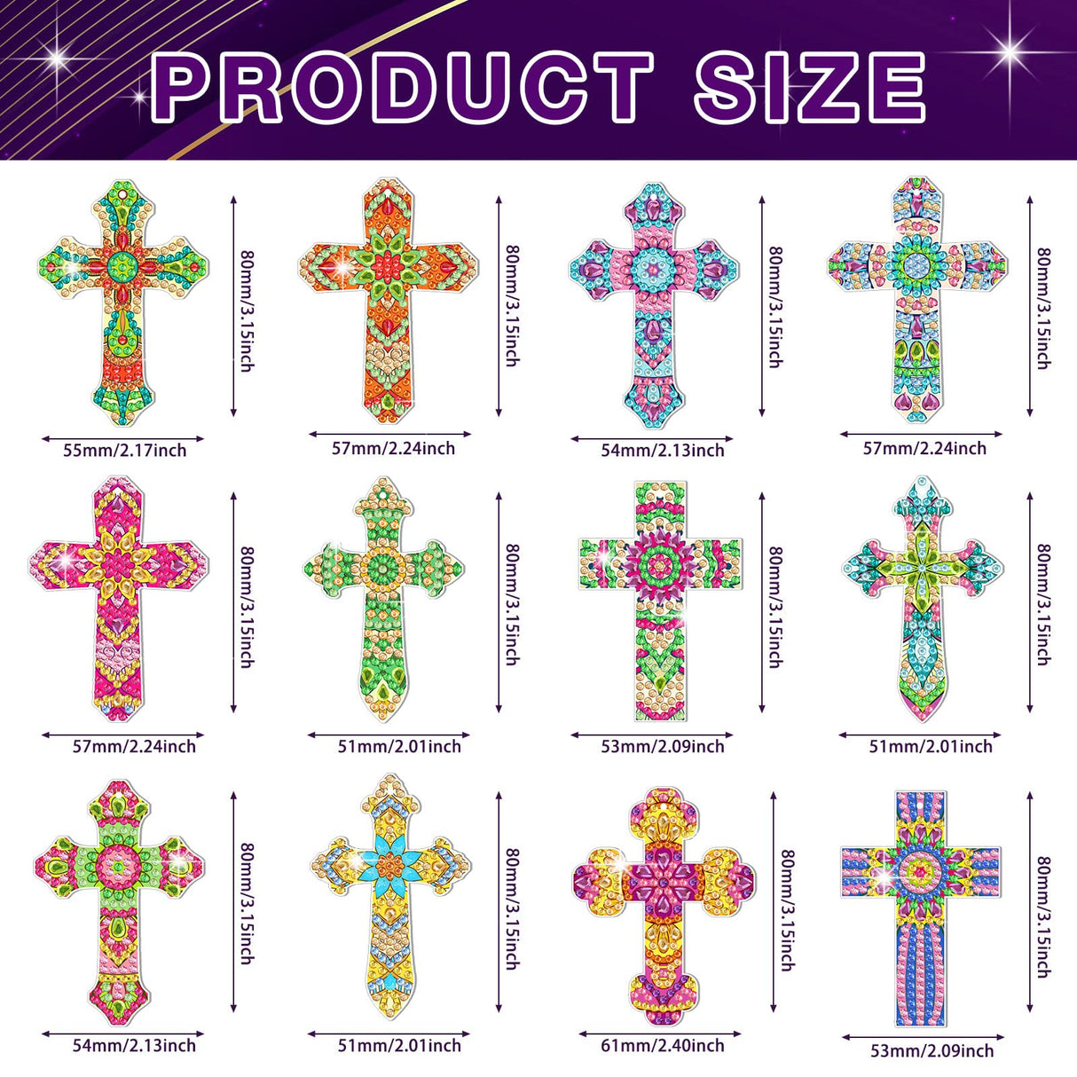 Glenmal 12 Pcs Easter Diamond Painting Keychains Cross Diamond Art Keychains Kits for Adults Religious Crosses Ornaments 5D Key Chain Christian Rhinestones Bookmarks Key Rings for DIY Crafts Gifts Glenmal