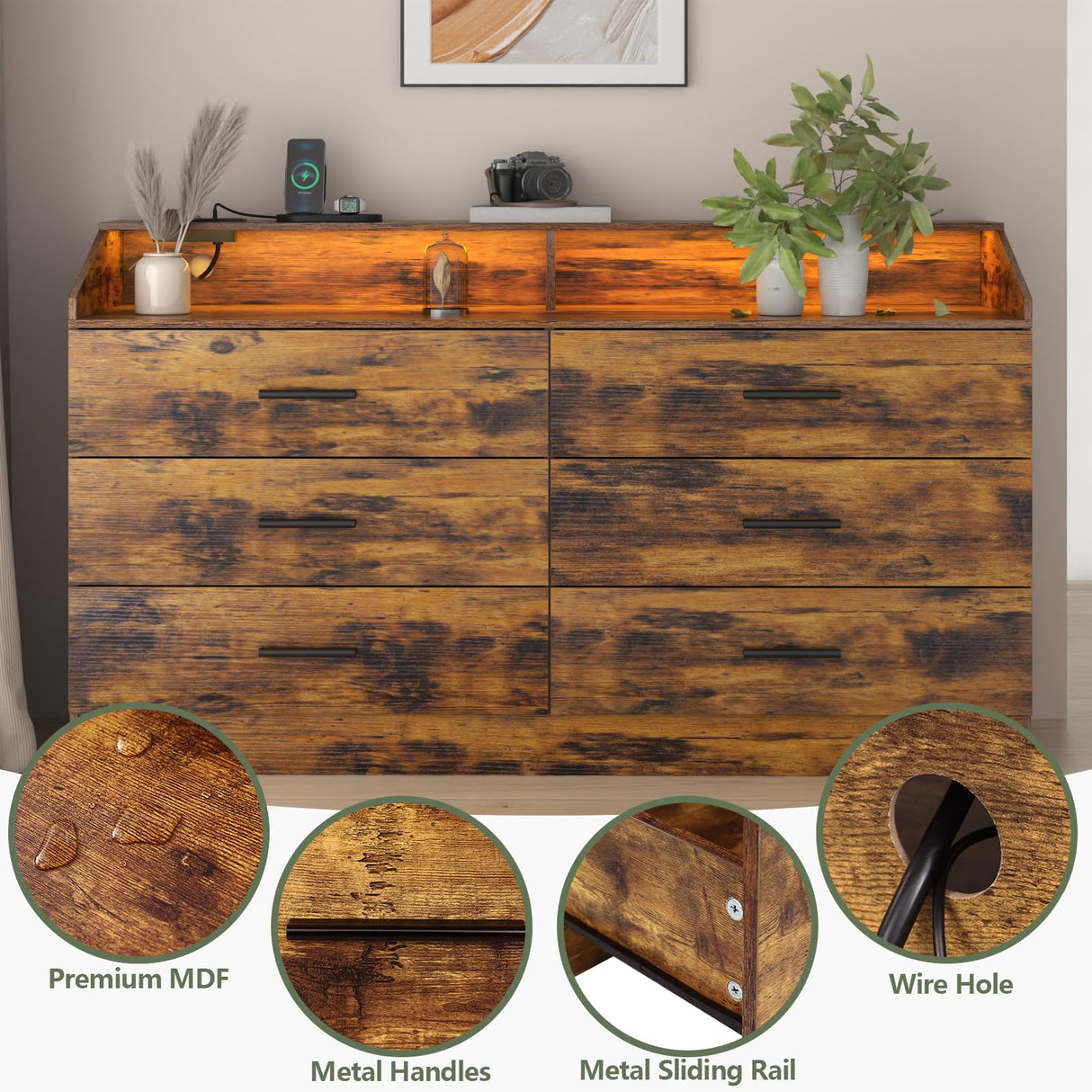 Gyfimoie 6 Drawer Dresser with Power Outlet, Chest of Drawers with LED Light, Modern Dresser with Open Storage Cubby, Double Wide Dresser Organizer for Bedroom, Living Room, Entryway, Hallway Gyfimoie