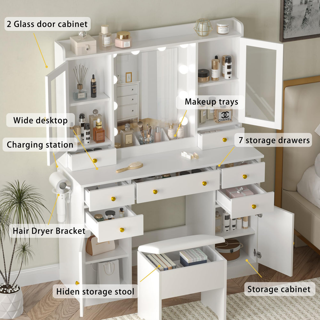 Wodeer Vanity Desk with Mirror and Lights, 43" White Makeup Vanity Set with 5 Drawers & Glass Cabinets, Storage Stool, Power Outlet & Adjustable LED Lights, Dressing Table for Women & Girls Bedroom Wodeer