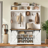 RALGEND Hall Tree with Bench and Shoe Storage, LED Coat Rack with 9 Shoe Cubbies and 12 Hooks, Sliding Barn Doors and Adjustable Shelves, for Foyer, Mudroom, Entryway, White and Walnut RALGEND