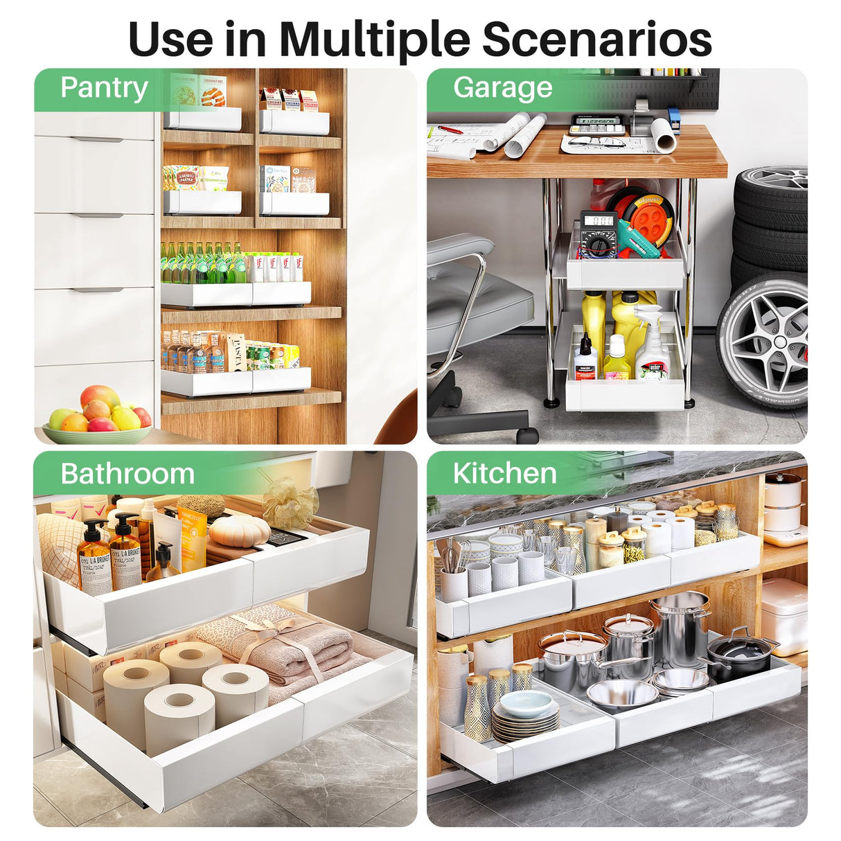 Expandable Pull-Out Cabinet Organizer with Adhesive Nano Film - For Kitchen, Pantry, Bathroom Storage Kitstorack
