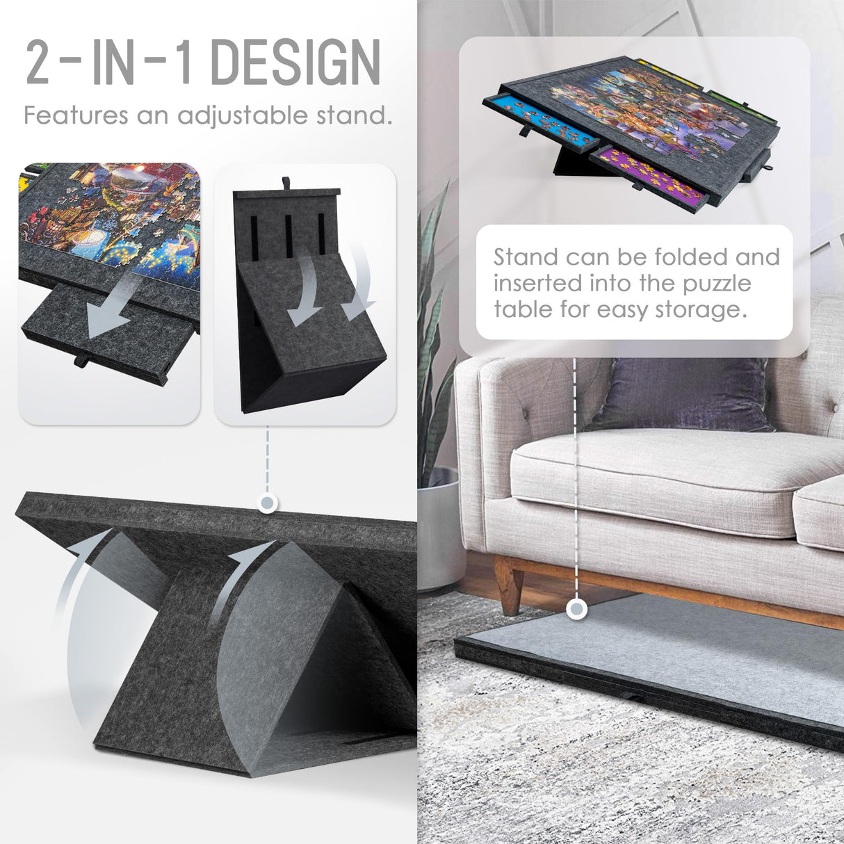 Tektalk Jigsaw Puzzle Table with Integrated Adjustable Stand/Bracket, 3-Tilting-Angle Puzzle Plateau with Cover & 4 Sorting Drawers, Super Lightweight Felt Puzzle Board, for Up to 1500 Pieces - Gray Tektalk