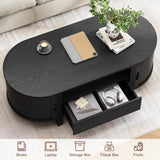 ONBRILL 47.2 Inch Oval Coffee Table with Storage, Mid Century Modern Coffee Table with Drawer, Center Table with Sliding Door and Wood Fluted Handle for Living Room, Black ONBRILL