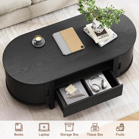 ONBRILL 47.2 Inch Oval Coffee Table with Storage, Mid Century Modern Coffee Table with Drawer, Center Table with Sliding Door and Wood Fluted Handle for Living Room, Black ONBRILL