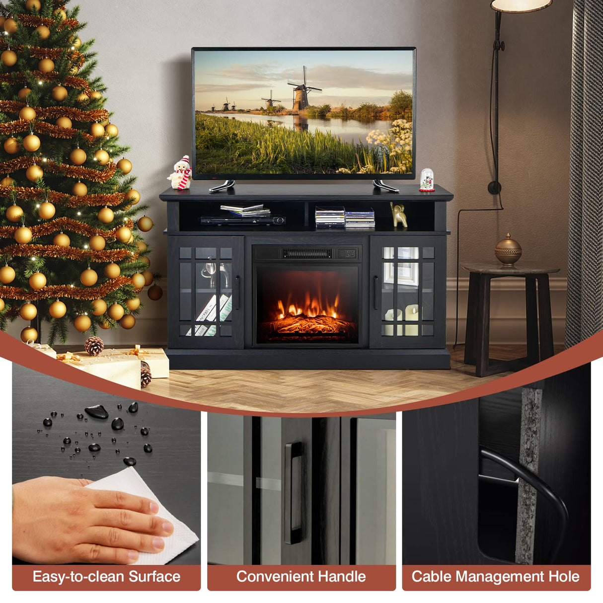 COSTWAY Electric Fireplace TV Stand for TVs Up to 55 Inches, 18-Inch Fireplace Insert with Remote, Overheat Protection, 48-Inch Wooden Media Entertainment Center with Adjustable Shelves, Black COSTWAY