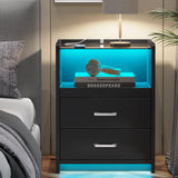 AOGLLATI LED Nightstand with Charging Station, Night Stand with Pull-Out Tray, 2 Drawers, Bedside Table with LED Lights, Modern End Table with USB Ports Outlets, Black AOGLLATI